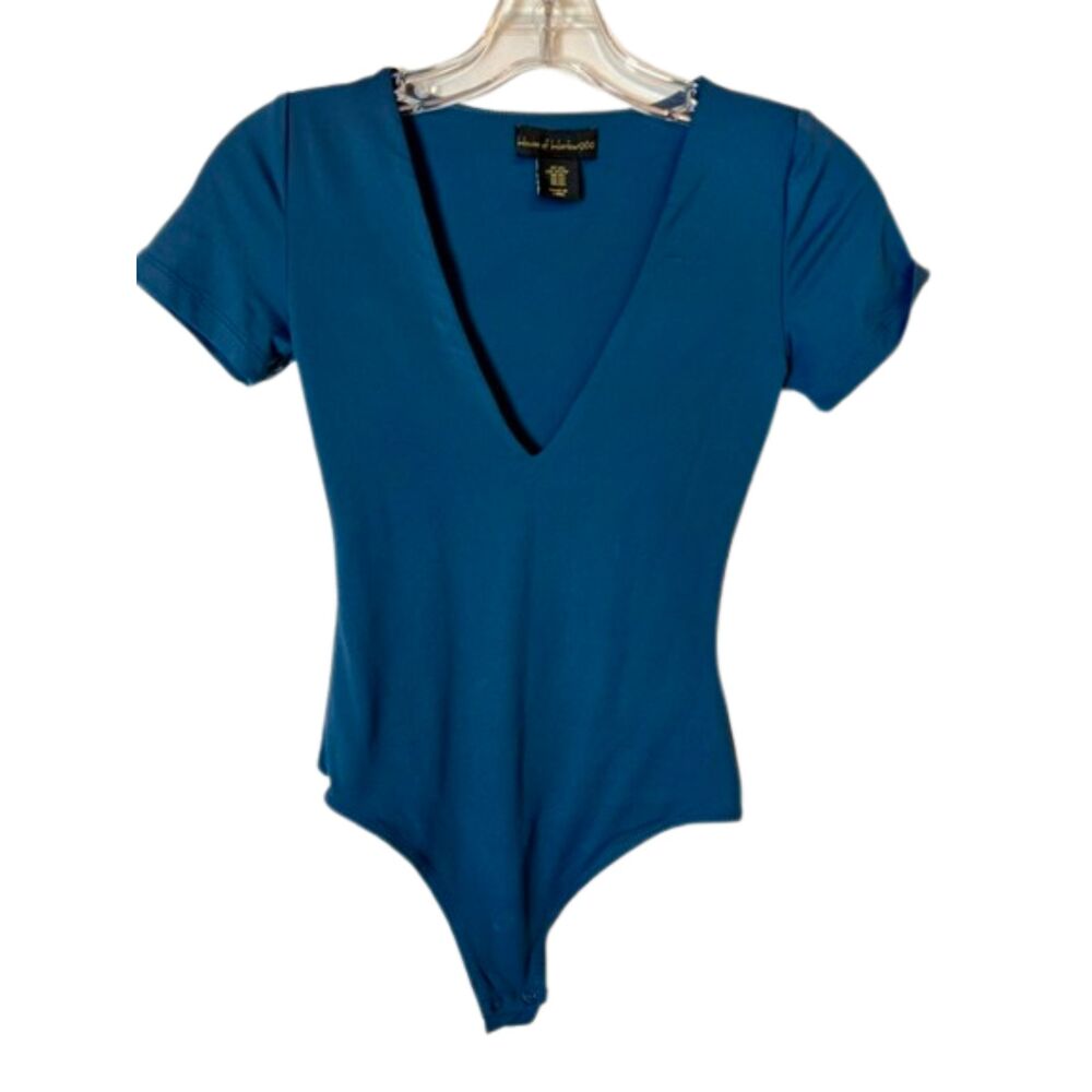 House of Harlow 1960 Deep V Bodysuit Teal Blue XS Short Sleeve
